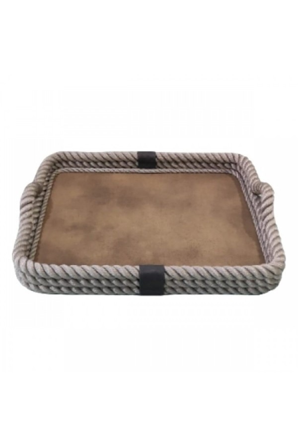 KALIN HALATLI DERİ TABANLI DİKDÖRTGEN GRİ TEPSİ 56x43x7cm
