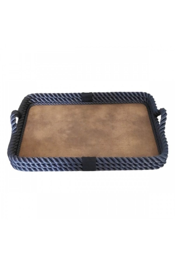 KALIN HALATLI DERİ TABANLI DİKDÖRTGEN LACİVERT TEPSİ 56x43x7cm