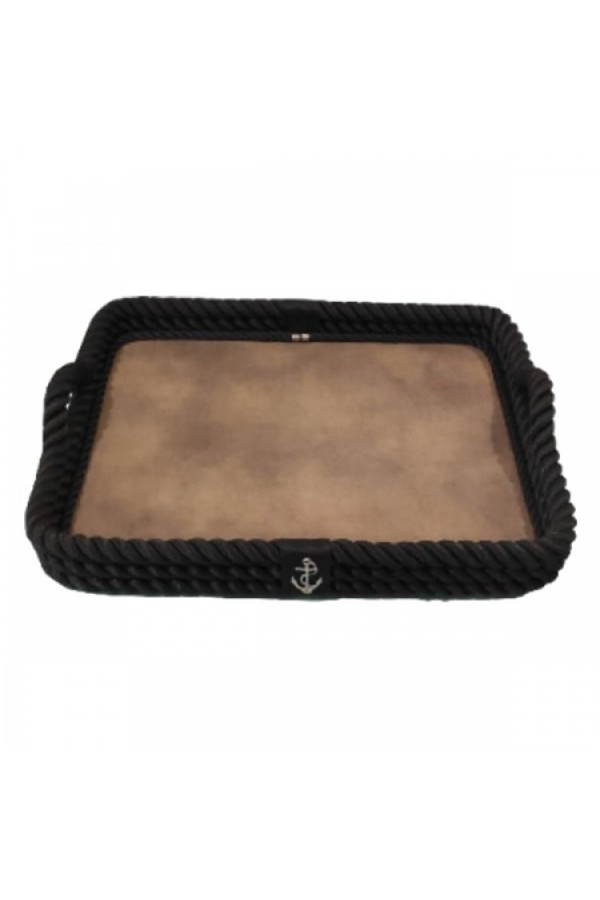 KALIN HALATLI DERİ TABANLI DİKDÖRTGEN SİYAH TEPSİ 56x43x7cm
