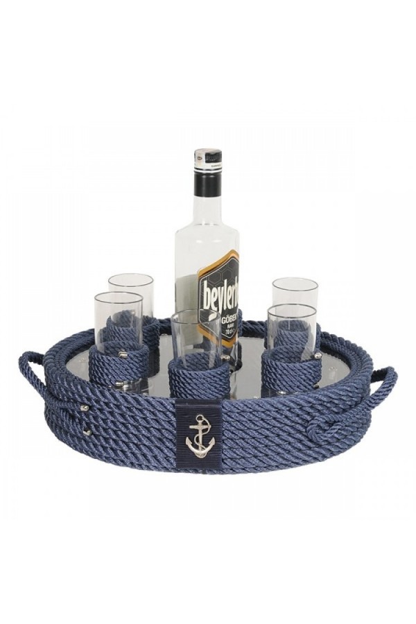 HALATLI LACİVERT RAKI BARDAKLI TEPSİ 38x31x14cm