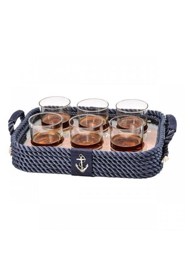 HALATLI LACİVERT VİSKİ BARDAKLI TEPSİ 26x37x7cm
